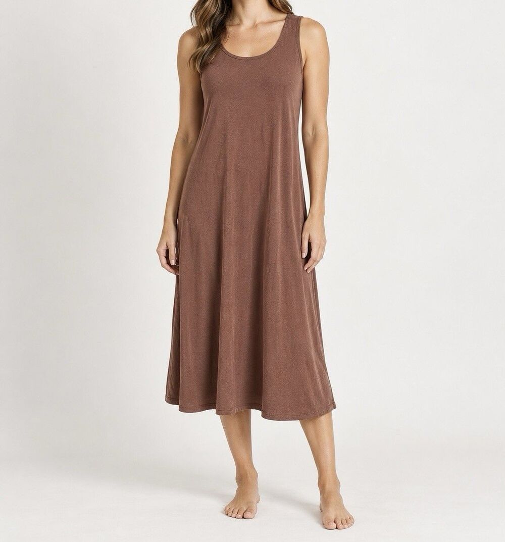 Quince Women M Brown Tencel Lyocell Sleeveless Midi Dress Stretch Minimalist